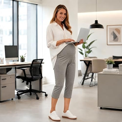 Maternity Capri Pants, Over The Belly Pregnancy Pants with Pocket - color: Gray, size: Medium