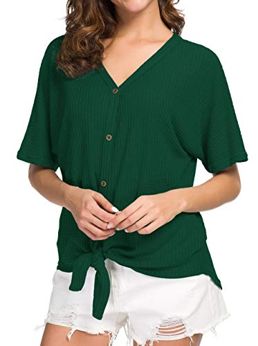 IWOLLENCE Women's Waffle Knit Tunic Blouse Tie Knot Short Sleeve Henley Tops Loose Fitting Bat Wing Shirts - color: C-dark Green, size: X-Large