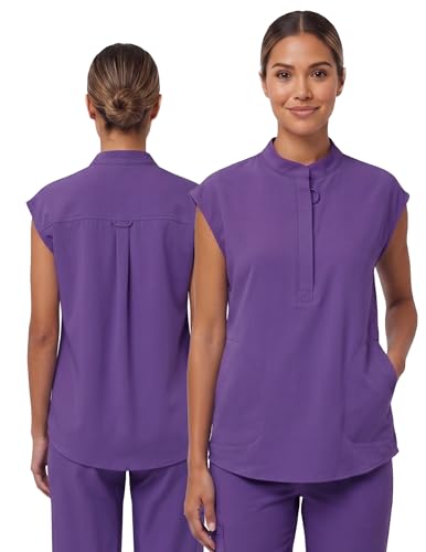 VECARDI Womens Scrub Top Zip Front Dolman Sleeves with Pockets - color: Dark Purple, size: Medium