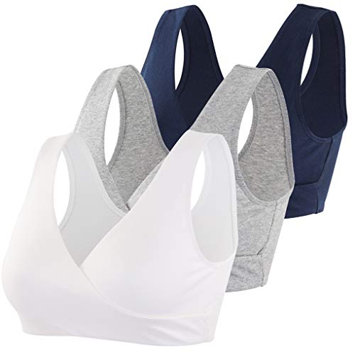 KUCI Maternity Nursing Bra Wireless Cotton Breastfeeding Bra for Sleep - color: Navy Blue+grey+white/3pack, size: Medium