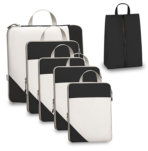 Compression Travel Packing Cubes with White Mesh, Black, 6Pcs - color: Black, size: Set of 6
