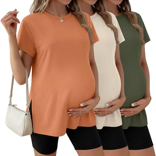 Ficerd 3 Pack Women's Maternity T Shirts - color: Bright Orange, Cream, Army Green, size: Large