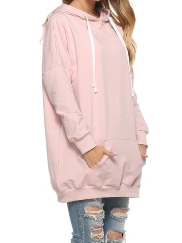 Famulily Womens Oversized Hoodie Extra Long Hooded Tunic Sweatshirt with Pockets - color: Pink, size: Medium