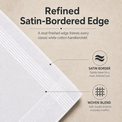Perry Ellis 12 Pack Handkerchief (100% Cotton White with Satin Border, 16" x 16")