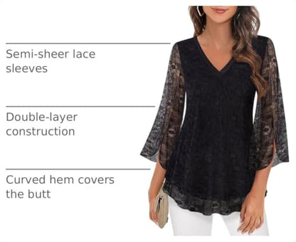 Timeson Women's 3/4 Sleeve Floral Blouses Shirts - color: Black Lace, size: Medium