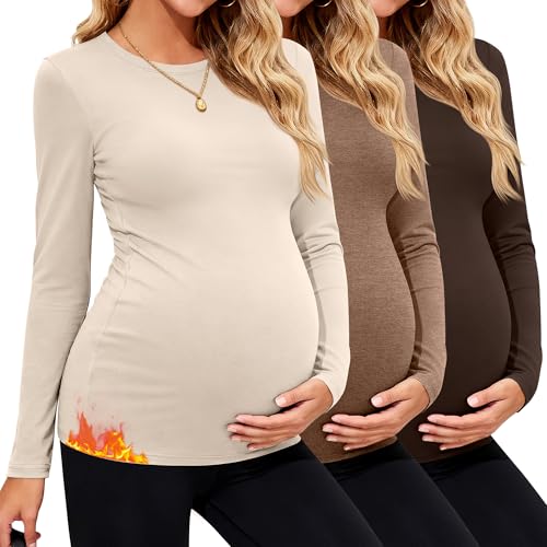 3 Pack Women's Thermal Maternity Shirts - color: Apricot, Camel, Brown, size: Large