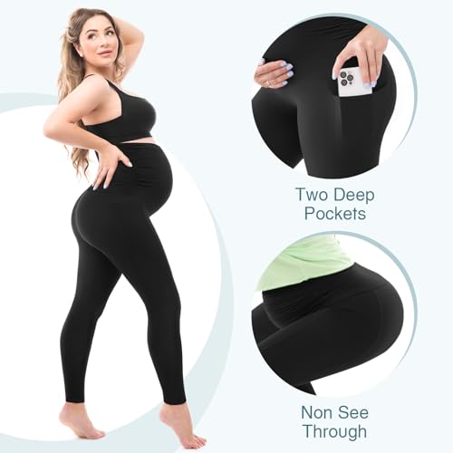 Leafigure Maternity Fleece Lined Leggings with Pockets - color: Black, size: Medium
