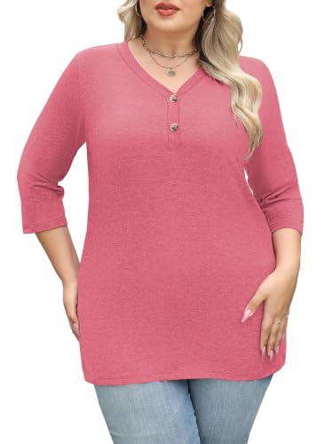 Womens Summer Plus Size 3/4 Length Sleeve Tops Button Down Shirts L-4XL - color: Pink, size: XX-Large