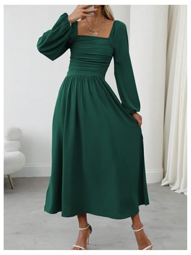 Floerns Women's Square Neck Lantern Long Sleeve Split Ruched Midi Dresses - color: Dark Green, size: X-Small