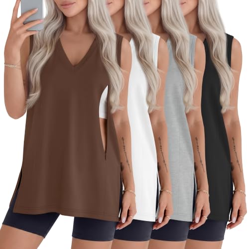 4 Pack Womens Nursing Oversized Tank Tops - color: Brown, White, Light Gray, Black, size: X-Large