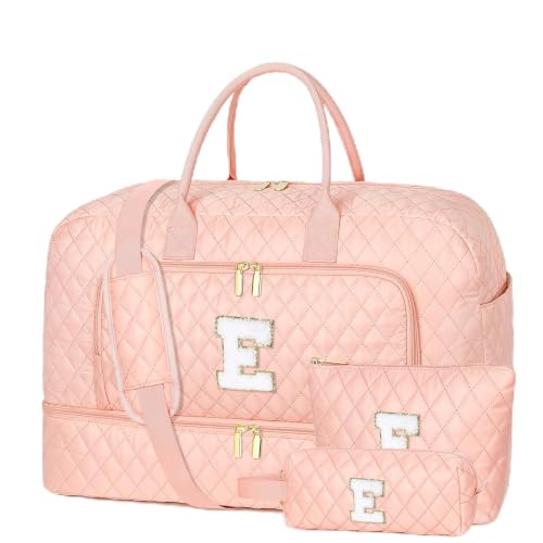 Graduation Gift for Her, Initial Dance Bag for Girls with Shoe Compartment - color: Pink Diamond Quilted, style: E