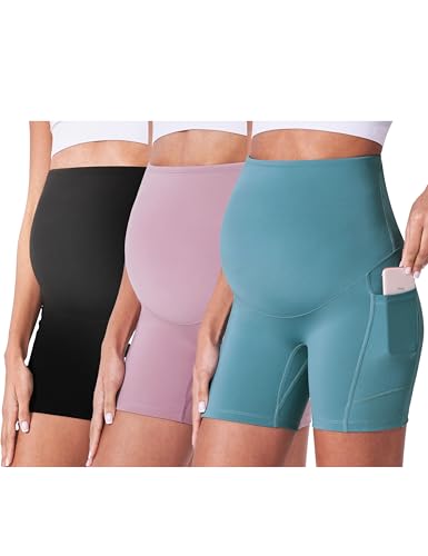 POSHDIVAH 3/4 Pack Maternity Biker Shorts Over The Belly with Pockets 5"/8" - color: Black/Blue/Pink 5", size: Small