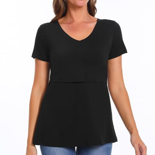 Bearsland Womens 3 Packs V Neck Nursing Tops Maternity Breastfeeding Tee Shirts - color: Black+gray+blue（3pcs）, size: Medium