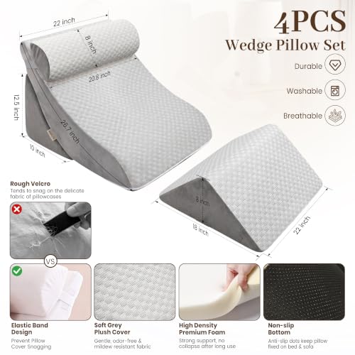 4PCS Wedge Pillow,Adjustable Support Pillow for Pain Free Recovery - color: Gray + Light Gray