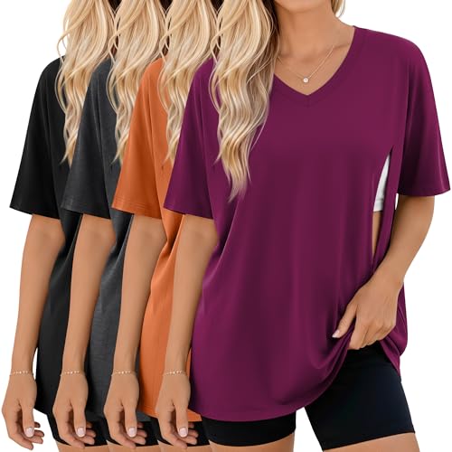4 Pack Women's Oversize Nursing Tops - color: Fuchsia, Orange, Dark Gray, Black, size: Large