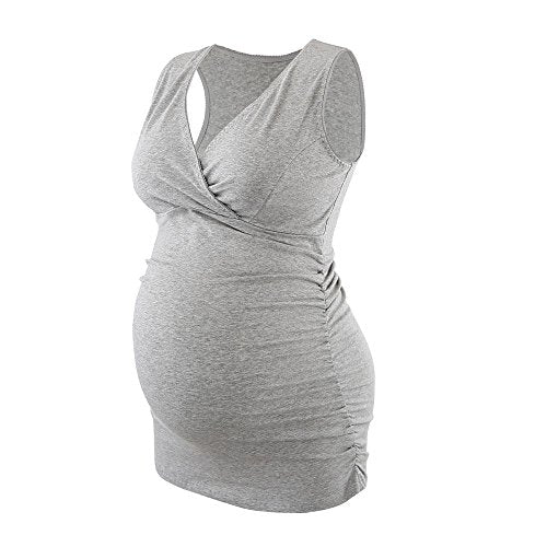 Women's Cotton V Neck Tank Top for Maternity and Nursing - color: Grey+ Black, size: Medium