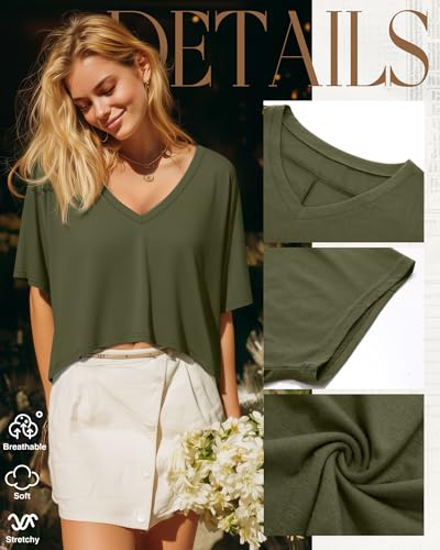 Huukeay 3 Pack Women's Oversized V Neck T Shirts - color: Army Green, White, Black, size: Small