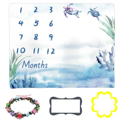 Ocean Turtle Milestone Blanket, Monthly Photography Backdrop, 48x40In
