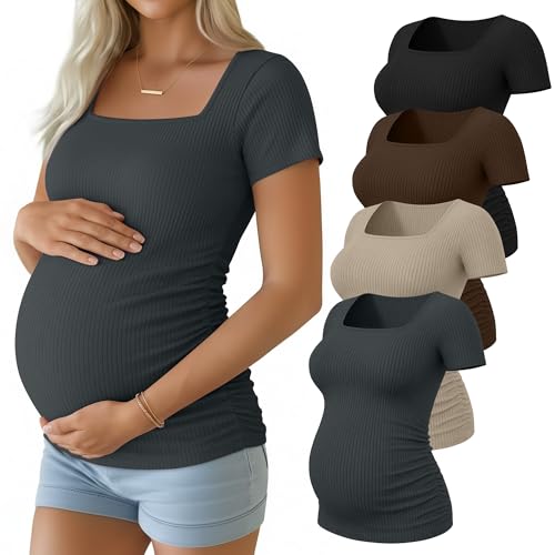 Huukeay 4 Pack Women's Short Sleeve Maternity Shirts - color: Black, Brown, Light Khaki, Dark Gray, size: X-Large