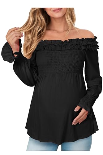 OUGES Womens Cotton Blend Off The Shoulder Maternity Tops Smocked Ruffle Sleeve Blouse Going Out Pregnancy Shirts 2025 - color: Black, size: X-Large