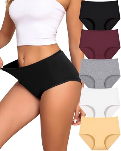 UNDER THE SEA Cotton Underwear Women High Waisted Full coverage Brief 5Pack - color: Black / White / Nude / Gray / Purple, size: 4X-Large