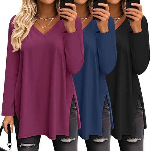 Huukeay 3 Pack Women's Oversized Long Sleeve V Neck Shirts - color: Black, Navy Blue, Fuchsia, size: Medium