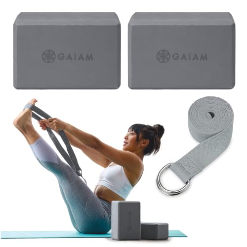 Gaiam Yoga Block - Supportive Latex-Free Eva Foam - Soft Non-Slip Surface with Beveled Edges for Yoga, Pilates, Meditation - color: Grey, style: 2 Blocks w/Strap