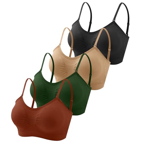 Omisy 4 Pack Sports Bras for Women, Padded Bralettes with Adjustable Straps - color: Black, Caramel, Green, Nude, size: Large