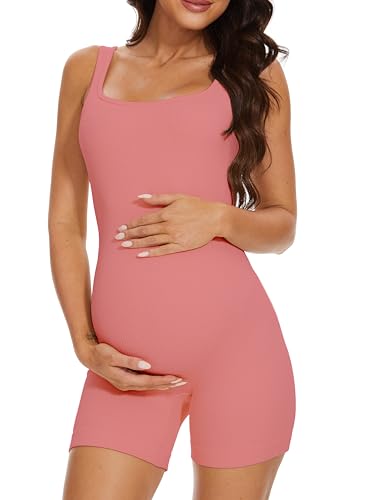 BDITANLE Maternity Workout Romper Pregnancy Yoga Ribbed One Piece Seamless Tank Top Jumpsuit - color: 010pink, size: Medium