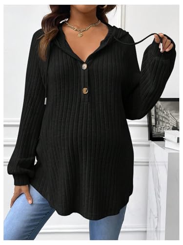 BEAUDRM Women's Maternity Half Button Sweatshirts Long Sleeve Ribbed Knit Pregnancy Shirt Spring Clothes - color: Black, size: Medium