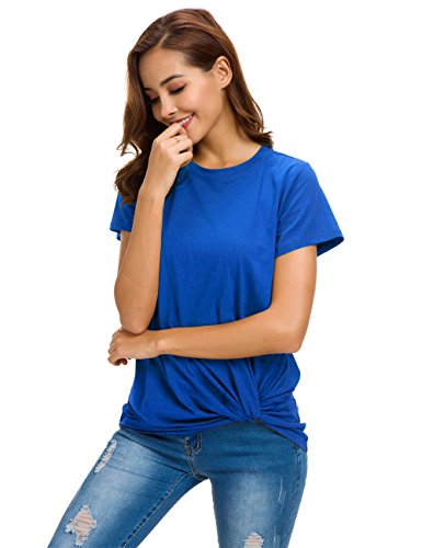 LUSMAY Womens Short Sleeve Loose Twist Knot Front T Shirts Cotton Casual Blouse - color: Bright Blue, size: Medium