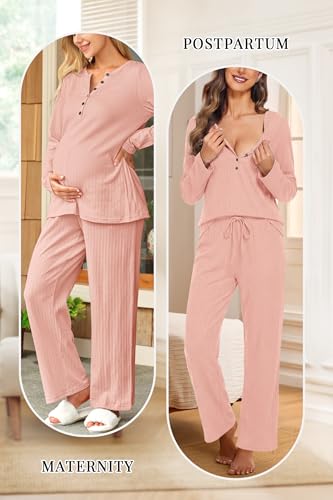 OUGES Women's Maternity Nursing Pajamas Sets Pregnancy Delivery Lounge Pjs - color: Pink, size: XX-Large