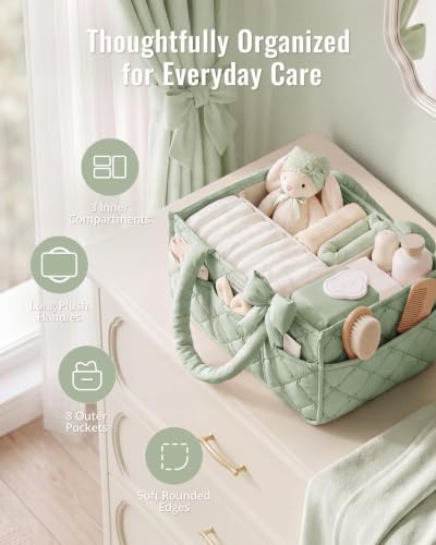 Blissful Diary Baby Diaper Caddy Organizer, Nursery Basket, Bow Sage Green - color: Bow Sage Green