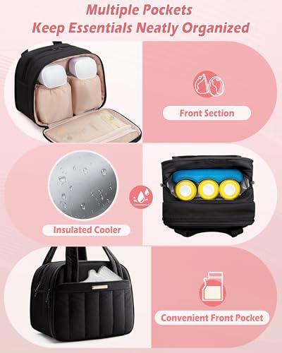 Marscamd Quilted Wearable Breast Pump Bag with Cooler Compartment - color: Black