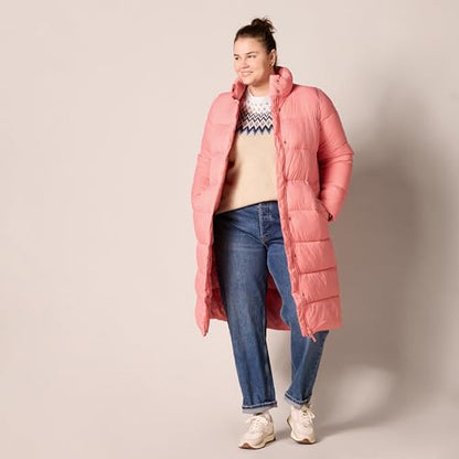Amazon Essentials Women's Lightweight Full-Zip Water-Resistant Long Cocoon Puffer Winter Coat, Stand Collar, Insulated - color: Pink, size: Medium