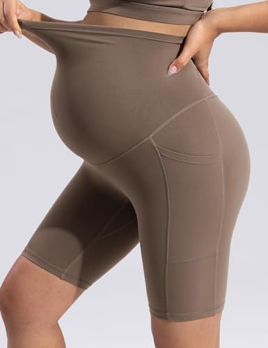 POSHDIVAH Creamluxe Maternity Biker Shorts with Pockets 6"/8" - color: Mocha Mousse, size: Small