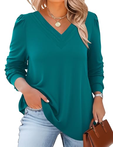 TFSDOD Plus Size Tops for Women Long Sleeve V Neck Shirts Dressy Casual Blouse Loose Fit Basic Tee Tshirt(1X-5X) - color: Peacock Blue, size: 4X-Large Plus