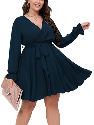 SCOMCHIC Women's Plus Size Long Sleeve Wrap V Neck A Line Mini Dress - color: Lake Blue, size: 3X-Large Plus