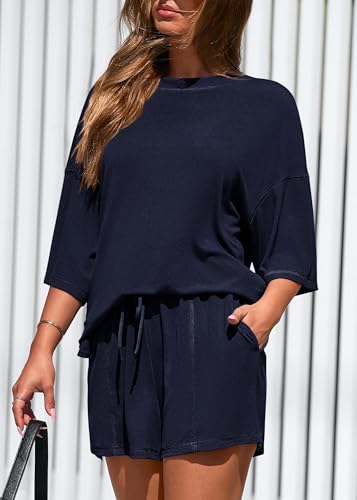KIRUNDO 2 Piece Sets for Women Summer Lounge Sets Casual - color: Navy Blue, size: Small