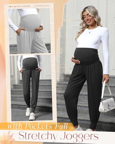 Neer 3 Pack Maternity Joggers Lounge Sweatpants with Pockets - color: Black, Dark Gray, Light Gray, size: X-Large