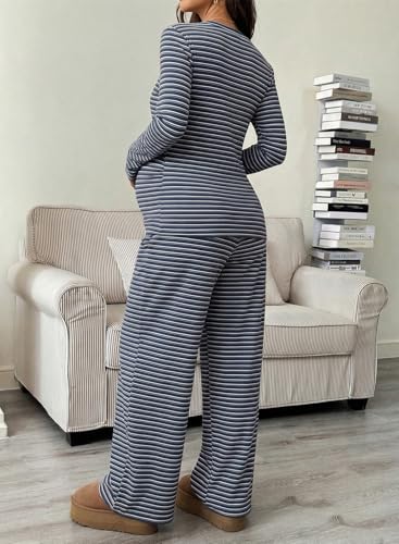 BLENCOT Maternity 2 Piece Outfits Striped Long Sleeve Pregnancy Set - color: Blue, size: Medium