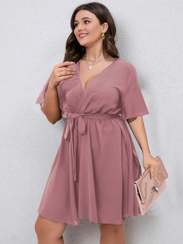 SCOMCHIC Women's Plus Size Wrap Summer Mini Dress - color: Dusty Pink, size: X-Large Plus