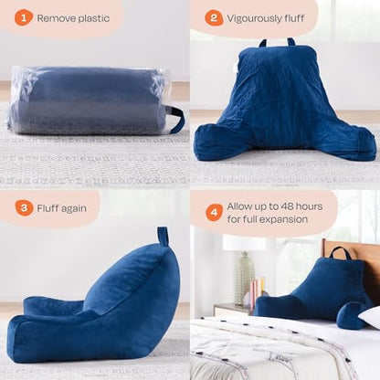 Linenspa Backrest Reading Pillow with Arms — Shredded Foam - color: Navy, size: Standard without Neck Support