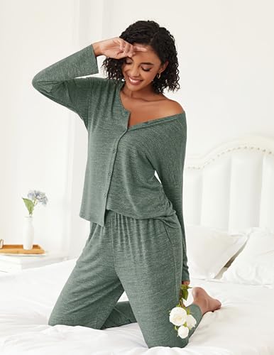 Ekouaer Womens Pajama Sets Button Up Long Sleeve Lounge Set Soft V Neck Pj - color: Army Green, size: Large