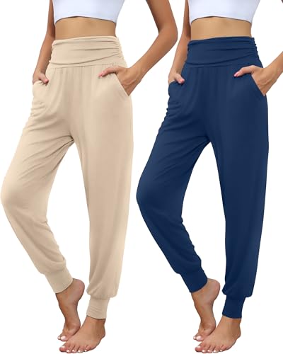 Locoowai 2 Pack Women's Yoga Sweatpants with Pockets - color: Apricot, Haze Blue, size: Medium