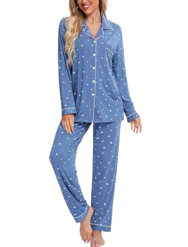 Leikar Button Up Pajamas For Women Long Sleeve Viscose Soft Pjs Lounge - color: Blue White Stare, size: Medium