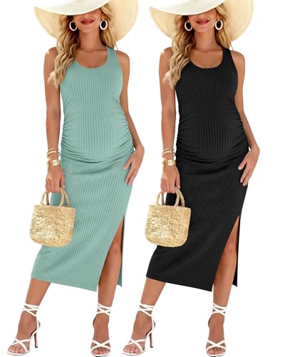2 Pack Womens Split Long Maternity Dress - color: Lake Blue, Black, size: Medium