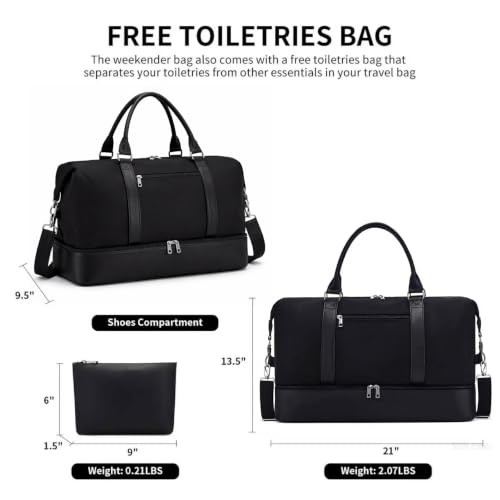 Oeihuivt Weekender Bags for Women - 21 Inch Large Travel Duffel Bag 2-Piece Set with Shoe Compartment, Heavy-Duty nylon & Leather Carry On Overnight Tote (Airplane Approved) - color: Black + 1 Extra Pack