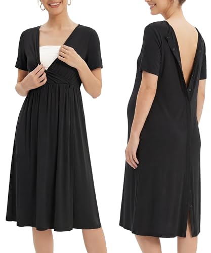 OUGES Women's Stain Resistant Labor Delivery Wrap Nursing Maternity Dress - color: Black, size: Small