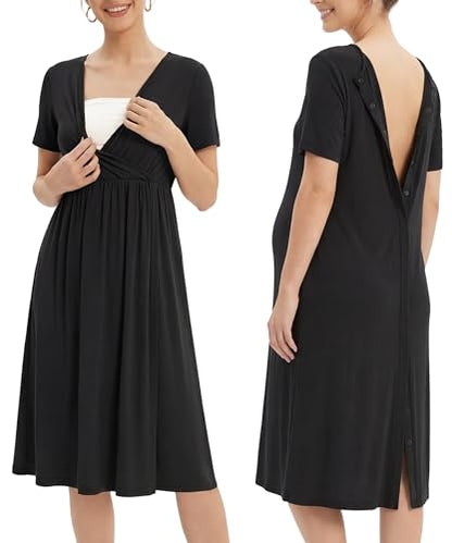 OUGES Women's Stain Resistant Labor Delivery Wrap Nursing Maternity Dress - color: Black, size: Large